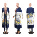 Blue Yellow Floral Print Sexy Two Piece Set Women Summer Full Sleeve Striped Maxi Open Stitch High Waist Long Trouser Outfit