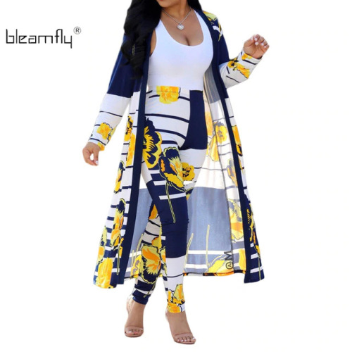 Blue Yellow Floral Print Sexy Two Piece Set Women Summer Full Sleeve Striped Maxi Open Stitch High Waist Long Trouser Outfit