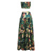 Boho New Sexy Women Two Piece Set Crop Top Long Skirt Floral Printed Bandeau Strapless Bandage Ruffles High Waist Casual Suit