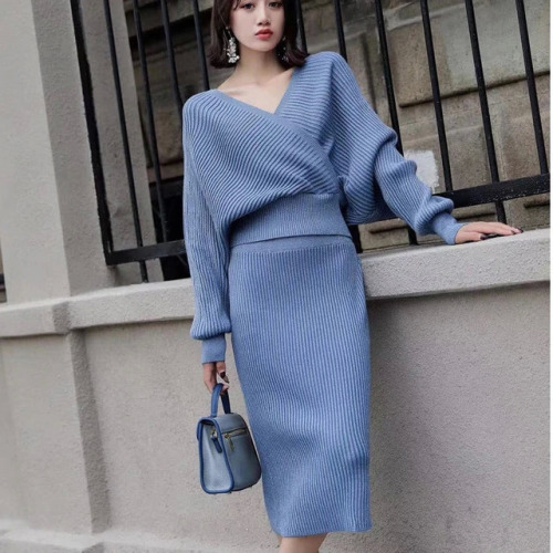 CBAFU spring bling knitted 2 piece set women lantern sleeve v neck sweater elastic waist knitted skirt female sweater suit N945