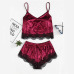 COLROVIE Burgundy Velvet 2 Piece Set Women Eyelash Lace Cami Top With Shorts Set Casual Sleeveless Vintage Two Piece Set