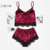 COLROVIE Burgundy Velvet 2 Piece Set Women Eyelash Lace Cami Top With Shorts Set Casual Sleeveless Vintage Two Piece Set