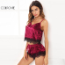 COLROVIE Burgundy Velvet 2 Piece Set Women Eyelash Lace Cami Top With Shorts Set Casual Sleeveless Vintage Two Piece Set