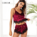 COLROVIE Burgundy Velvet 2 Piece Set Women Eyelash Lace Cami Top With Shorts Set Casual Sleeveless Vintage Two Piece Set