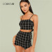 COLROVIE Grid Crop Back Tie Cami Top And Shorts Set Plaid Summer Spaghetti Strap Clothes Set Stretchy Sexy Two Piece Set