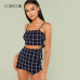 COLROVIE Grid Crop Back Tie Cami Top And Shorts Set Plaid Summer Spaghetti Strap Clothes Set Stretchy Sexy Two Piece Set