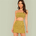 COLROVIE Plaid Print Shirred Strapless Crop Top And Skirt Set Summer Yellow Zipper Beach Two Piece Set Vacation Women Sets