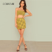 COLROVIE Plaid Print Shirred Strapless Crop Top And Skirt Set Summer Yellow Zipper Beach Two Piece Set Vacation Women Sets