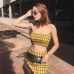 COLROVIE Plaid Print Shirred Strapless Crop Top And Skirt Set Summer Yellow Zipper Beach Two Piece Set Vacation Women Sets