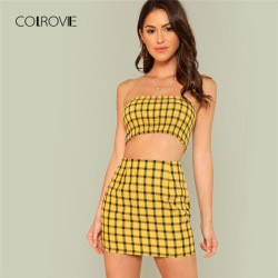 COLROVIE Plaid Print Shirred Strapless Crop Top And Skirt Set Summer Yellow Zipper Beach Two Piece Set Vacation Women Sets