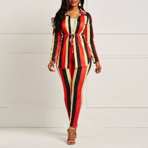 Clocolor Striped Pant Suit Set Women Two Piece Long Sleeve Shirt Top Pants Female Fashion Sexy Outfit Office Lady Work Wear Suit