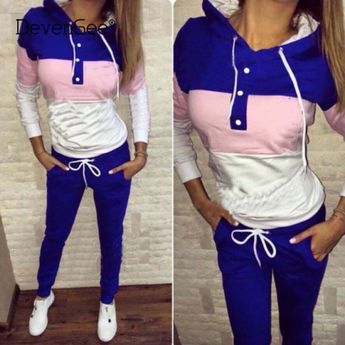 DevenGee Women Two Piece Clothing Set Autumn Tracksuit Patchwork Hoodie Sweatshirt Long Pant Jogger Outfit Set Female Sweat Suit