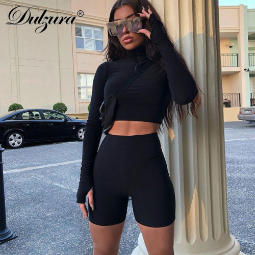 Dulzura 2018 autumn winter women sexy long sleeve neck zipper crop top high waist stretch shorts workout fitness 2 pieces set