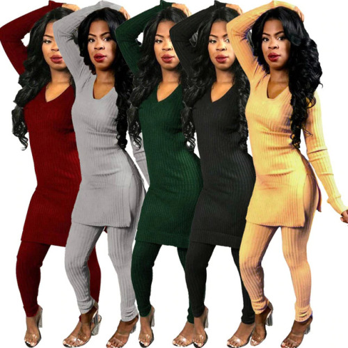 Elegant sexy two piece set top and pants autumn outfits tracksuit women sweater ribbed office lady ensemble femme dos piezas