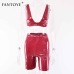 Fantoye Pu Leather Sexy Club Bodycon 2 Piece Set For Women Autumn Sleeveless Crop Top And Shorts Workout Two Pieces Set