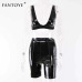 Fantoye Pu Leather Sexy Club Bodycon 2 Piece Set For Women Autumn Sleeveless Crop Top And Shorts Workout Two Pieces Set