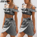 Fashion Two piece set Women Boho Summer Beach checkerboard gingham Crop Top Party Short Mini Skirts Casual 2 piece set