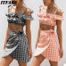 Fashion Two piece set Women Boho Summer Beach checkerboard gingham Crop Top Party Short Mini Skirts Casual 2 piece set