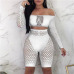 Fashion Women Ladies Crochet Mesh Long Sleeve See Through Mesh Fishnet Crop Night Sexy Tops Shorts Bottoms Set