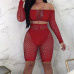 Fashion Women Ladies Crochet Mesh Long Sleeve See Through Mesh Fishnet Crop Night Sexy Tops Shorts Bottoms Set