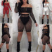 Fashion Women Ladies Crochet Mesh Long Sleeve See Through Mesh Fishnet Crop Night Sexy Tops Shorts Bottoms Set