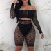 Fashion Women Ladies Crochet Mesh Long Sleeve See Through Mesh Fishnet Crop Night Sexy Tops Shorts Bottoms Set