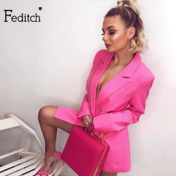 Feditch Autumn Two Piece Sets  Sexy Deep V Neck Office Top And Shorts 2 Piece Suits Women Long Sleeve Elegant Formal Set