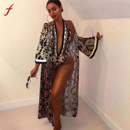 Feitong ladies clothes  Jumpsuit Sexy 2 Pieces Sets V-Neck Print Jumpsuit active wear Long Maxi 2 piece set women two piece set