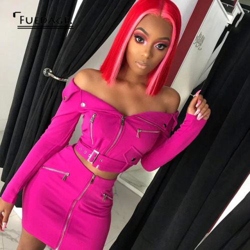 Fuedage 2019 Sexy Off Shoulder Two Piece Set Solid Zipper Bodycon 2 Piece Set Women Long Sleeve Belt Top And Skirt Summer Set