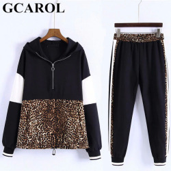 GCAROL 2019 Spring Women 2 Pieces Sets Leopard Spliced Sweatshirt Ankle Length Harm Pants Oversize Tracksuits Hoodies Outfiits