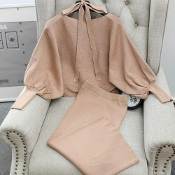 Graceful Women Loose Sweaters Skirts Outfits Solid Batwing Sleeve Costumes Female Woman Knitted Sweater Tops Skirt 2PCS Sets