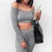 Grey Two Piece Set Women Tracksuit Off Shoulder T Shirt Crop Top Pencil Pants Leggings Set Bodycon Slim Suit