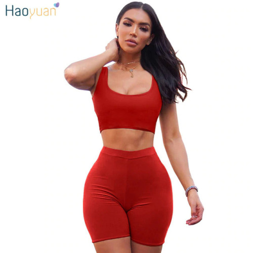 HAOYUAN 2 Piece Set Women Crop Tops and Biker Shorts Sweat Suits Sexy Club Outfits Two Piece Casual Tracksuit Matching Sets