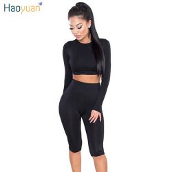 HAOYUAN 2 Piece Set Women Sexy Long Sleeve Top+Biker Shorts Track Suit Bodycon Tracksuit Casual Two Pieces Outfits Sweatsuit