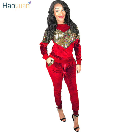 HAOYUAN Autumn Winter Women Two Piece Set Velvet Sequin Tops and Pant Suit Casual Outfits 2 Piece Matching Sets Velour Tracksuit