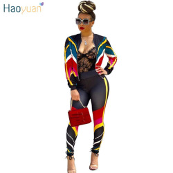 HAOYUAN Plus Size 2 Two Piece Set Women Clothes Striped Zip Tops+Bodycon Pants Sweat Suit Casual Outfits Matching Sets Tracksuit