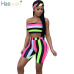 HAOYUAN Striped Sexy Three Piece Set Women Head Scarf+Crop Tops+Bodycon Shorts Suits Boho Summer Beach Outfits 3 Piece Tracksuit