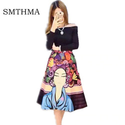 High Street Designer Clothing Set Women's High Quality Black Slash Collar Blouse +2 piece Colorful Cartoon Printed Skirt Set