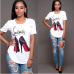 Hot Selling Women's Set Solid White High Heels Print O Neck Short Sleeve Top Jeans Pants