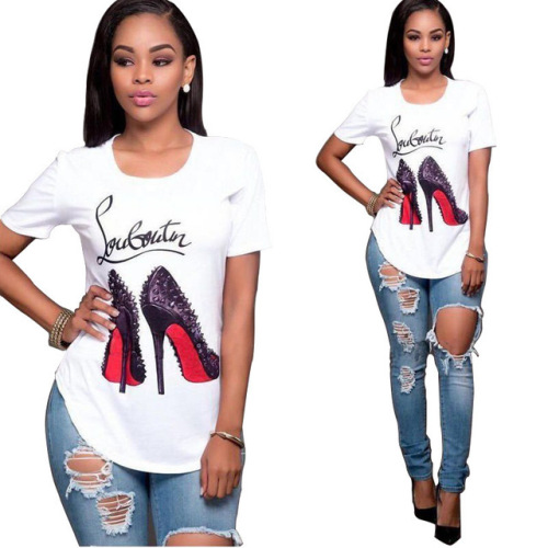 Hot Selling Women's Set Solid White High Heels Print O Neck Short Sleeve Top Jeans Pants