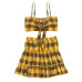 InstaHot Yellow Plaid 2 Piece Set Women Summer Ruched Ruffles Elastic Waist Skirt and Bow Crop Top Sexy 2018 New Style Woman Set