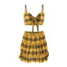 InstaHot Yellow Plaid 2 Piece Set Women Summer Ruched Ruffles Elastic Waist Skirt and Bow Crop Top Sexy 2018 New Style Woman Set