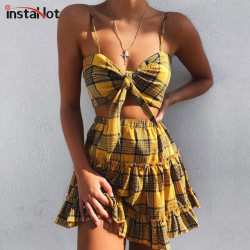 InstaHot Yellow Plaid 2 Piece Set Women Summer Ruched Ruffles Elastic Waist Skirt and Bow Crop Top Sexy 2018 New Style Woman Set