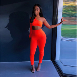 KGFIGU two piece set top and pants 2018 one shoulder orange color 2 piece set tracksuit women two piece outfits sexy tweed set