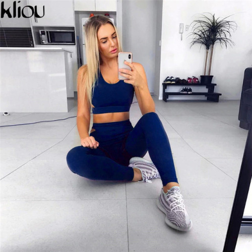 Kliou 2018 New Casual Women Tracksuits Sportwear Fashion Solid Fitness Sets Sexy Tank Bra Tops Sporting Leggings 2 Piece Suit