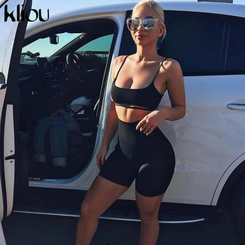 Kliou 2018 Summer Women Suit Two 2 Piece Set Sleeveless Strapless Sexy Casual Sporting Suit Set Solid Shorts Pants Tracksuit