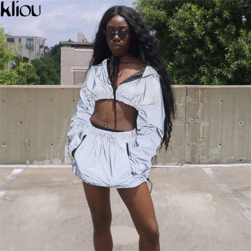 Kliou Fashion Reflective Zipper Hooded Women Two Pieces Sets 2018 Autumn Reflective Hoodies Short Skirts Zip Pockets Female Sets