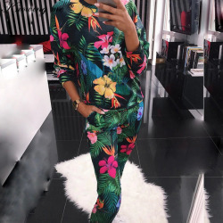 Knowing me 2019 New Spring Floral print Tracksuit set women Autumn Animals Plant Print long sleeve hoodies Sweatshirt 2Pcs sets