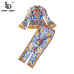 LD LINDA DELLA Fashion Runway Pants Suit Sets Women's Flare Sleeve Bow Collar Print Blouses and Casual Pants Two Pieces Set