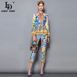 LD LINDA DELLA Fashion Runway Pants Suit Sets Women's Flare Sleeve Bow Collar Print Blouses and Casual Pants Two Pieces Set